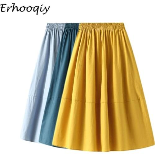 Solid Color Midi Skirt Womens Summer Korean Style A-Line Skirt Female Pockets Design Vintage Sun School All-Match Skirts Lady