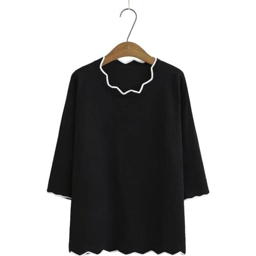 Plus size red black dark blue knitted women t shirts 2021 casual summer tshirts lace collar three quarter sleeve ladies t-shirts