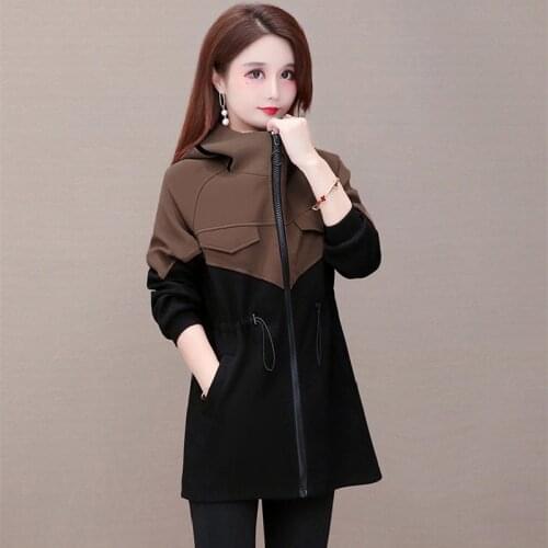 Womens Windbreaker 2021 Slim Spring Autumn Drawstring Splice Long Sleeve Pocket Zipper Women coat Hooded Warm Fashion Female