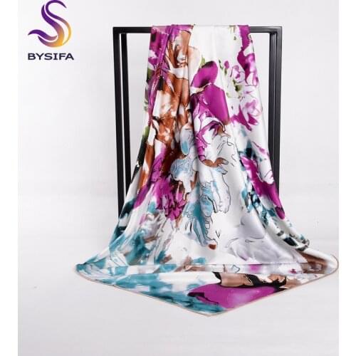 [BYSIFA] Purple Blue Satin Scarves Shawl Winter Fashion Brand Silk Scarf Cape 90*90cm New Spring Autumn Elegant Square Scarves