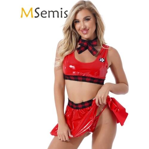 Womens Patent Leather Lingerie Cosplay Set Round Neckline Soccer Print Crop Top with Skirt Patchwork Grid Suit Bow Tie Thong