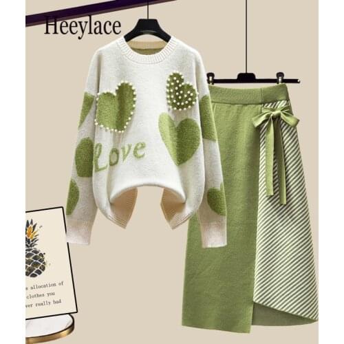 Newest Lazy Sweater Two Piece set Women Sweet Heart-shaped beaded Pullover Jumper Top + Irregular Striped Skirt Knit 2PCS Sets