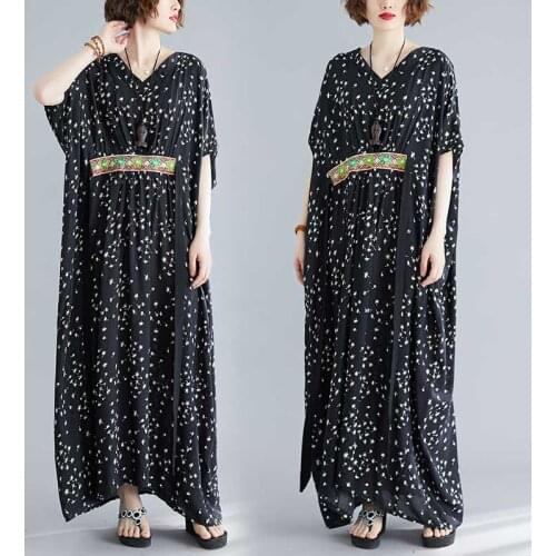 Maxi Dresses For Women Summer Printed Embroidery V-neck Bat Sleeves Loose Ruched Black Oversized Dress robe femme ete 2020 Z233