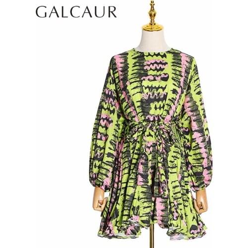 GALCAUR Print Hit Color Dresses Female O Neck Lantern Long Sleeve High Waist Lace Up Summer Dress For Women Fashion New 2020
