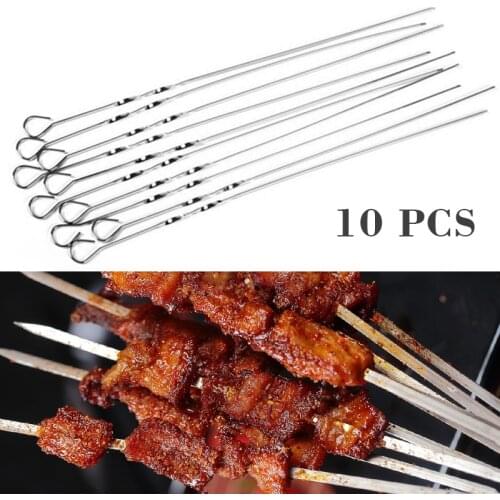 10pcs Stainless Steel Barbecue Skewers Reusable Flat BBQ Needle Stick for Outdoor Camping Picnic Tools Cooking Tools