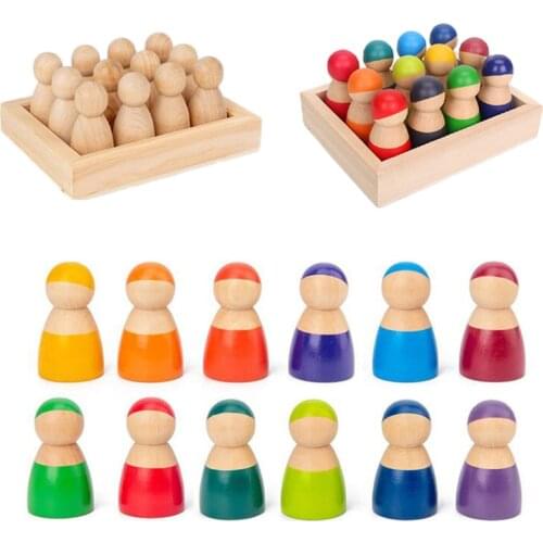 13pcs/set Montessori Toys Wooden Rainbow Blocks Friends Peg Dolls Bodies Baby Pretend Play People FiguresRainbow Stacker