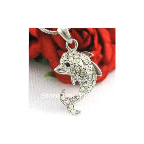 30pcs a lot alloy rhodium plated fashion crystal dolphin animal pendant necklace jewelry