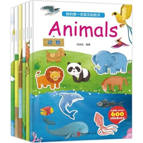 6PCS/Set My First English Sticker Book Animal+Number+Food+Letter+Plant+Color Bilingual Chinese Children Game Puzzle Learning Toy