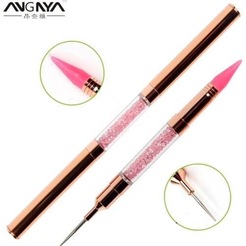 ANGNYA 1PC Rose Gold Crystal Beads Handle Rhinestone Dazzling Dual-Ended Nail Dotting pen Nail Wax Pencil Manicure Tools