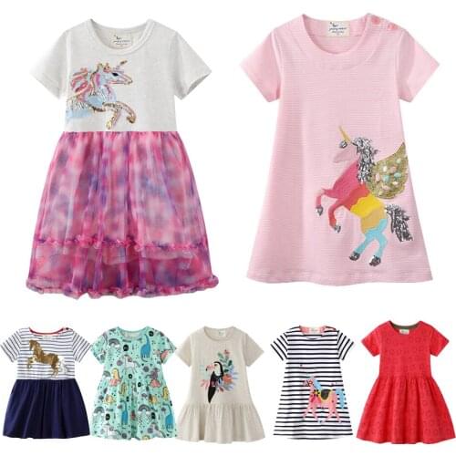 Kids Girl Unicorn Dress 2021 Cartoon Sequins Mesh Dress Summer Beach Striped Animal Cotton Clothings