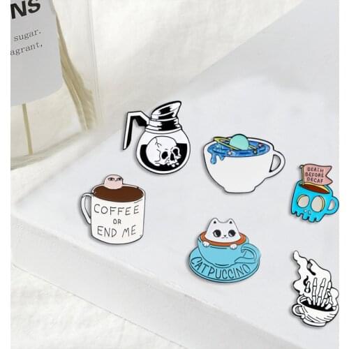 Cup and Coffee Skull Stars Cat Combination Denim Enamel Lapel Pins Collection Badges Brooches Gifts for Friend Jewelry Wholesale