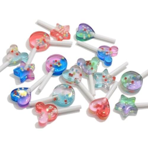 Gradient Color Mouse Head Heart Round Star Lollipop Miniature Candy Flatback Resin Cabochons For DIY Craft Making