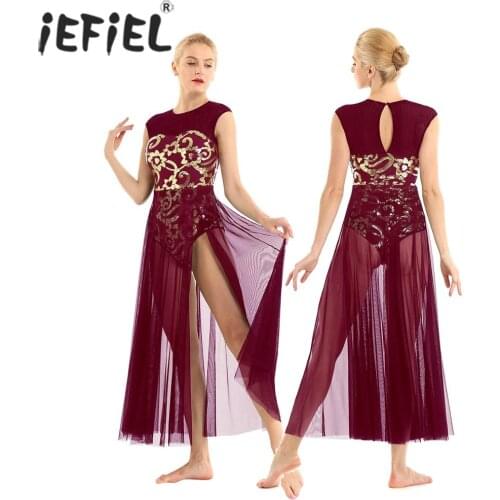 IEFiEL Womens Femme Dancewear Floral Sequins Ballerina Leotard Maxi Dress for Modern Contemporary Dance Gymnastics Costumes