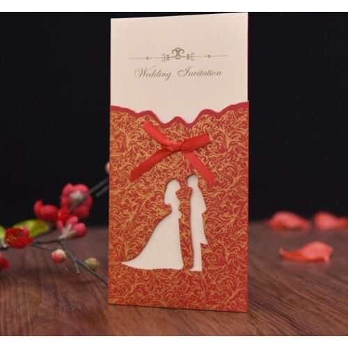 Red gold laser cut wedding invitation bride and groom Couple greeting card custom invitation wedding party supplies