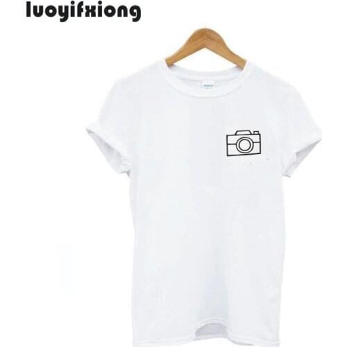 Luoyifxiong 2021 Summer Top Camera Pocket Print Hipster Women Tshirt Short Sleeve Tee Shirt Femme Casual Funny T Shirts Women