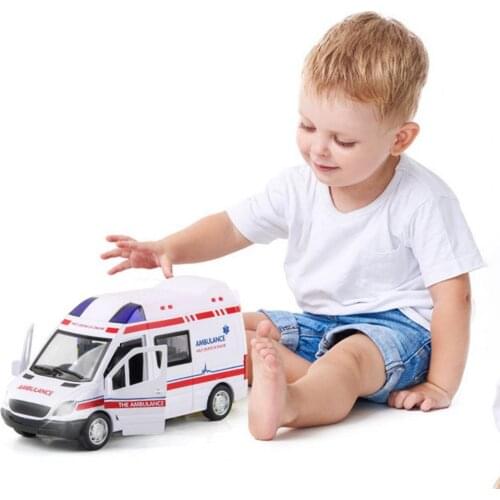 Mini Simulation Openable Doors Light Sound Effects ABS Ambulance Police Pull Back Car Toy for Kids