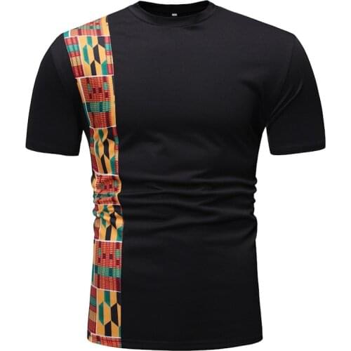 Fashion African Kente T Shirt For Mens Ghana Tops Ankara Panelled Geo Printed Short Sleeves T-Shirt Color Blocked O-Neck Summer