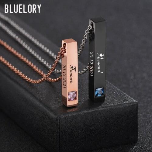 Bluelory Engraved Stainless Steel Vertical Bar Name Couple Custom Mental Necklace Personalized Blue Pink Stone Women Men Jewelry