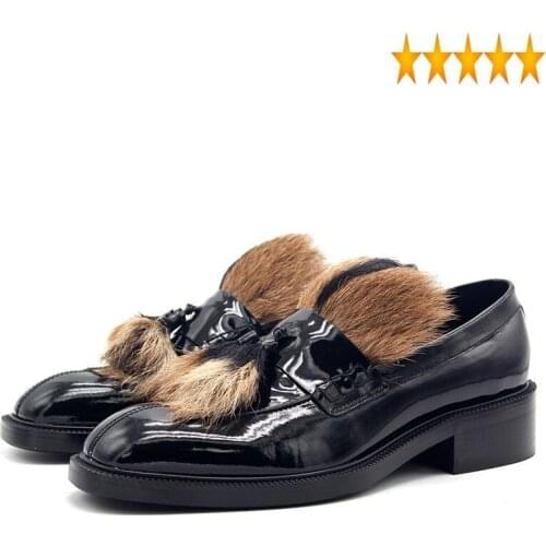 Genuine 2021 Black New Fur Leather Loafers Men Slip On Block Chunky Heel Dress Luxury Business Office Formal Shoes Male
