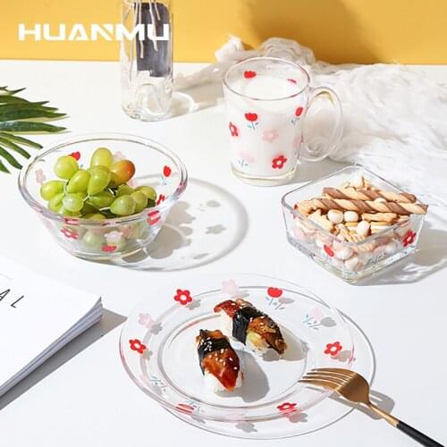 Cute Household Bowl Plate Set Glass Tableware Floral pattern Fruit Snack Dessert Bowl Breakfast Dishes Plate Dinner Set