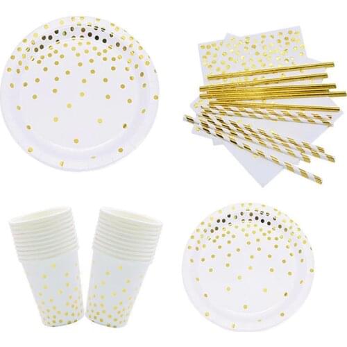 Gold Dot Disposable Tableware Set Paper Plates Paper Cups Straws Birthday Party Decorations Kids Adult Wedding Party Supplies