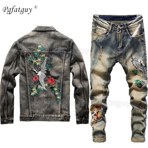 New Men Vintage Sets Embroidered Red Crowned Crane Hole Distressed Jackets + Embroidered Tiger Jeans Mens Clothing 2 Piece Set