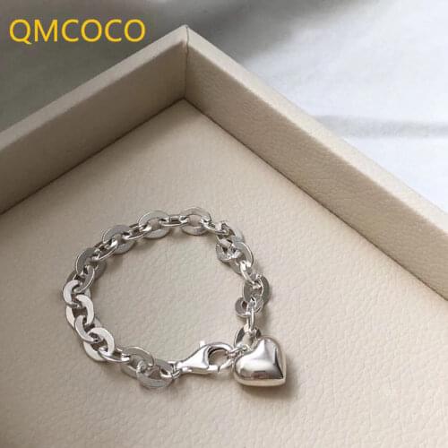 QMCOCO 925 Silver Bracelet Jewelry Trendy Punk Vintage Elegant Romantic Heart-Shape Round Ball Party Accessories Gifts For Woman