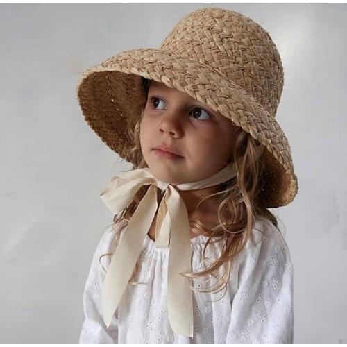Kids Hand-made Raffia Straw Hat Retro Flat Top Fold Down Brim Childrens Straw Hats Boys Girls Travel Vacation Raffia Sun Cap