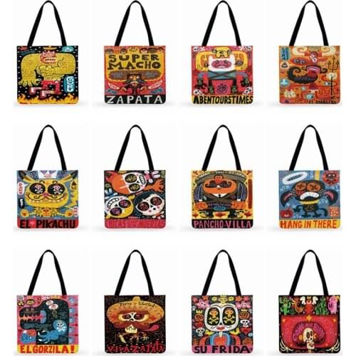 Foldable Shopping Bag Mexican Pop Art Print Tote Bag For Women Casual Tote Ladies Shoulder Bag Fashion Outdoor Beach Tote Bag