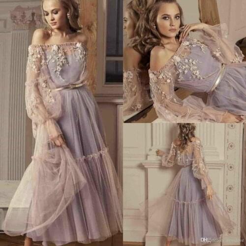 2020 Evening Dresses Off Shoulder Long Sleeves Lace Appliques Special Occasion Gowns Custom Made A Line Prom Dress