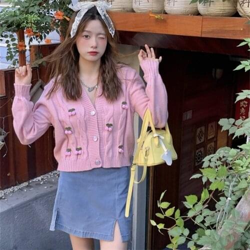 Japanese Winter Preppy Style Kawaii V-Neck Sweety Three-dimensional Cherries Single-breasted Full Sleeve Pink Knitting Cardigan