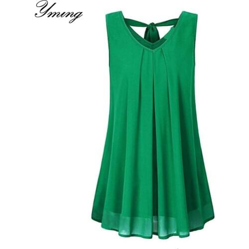 YMING Womens V-neck Chiffon Shirt Bow Sleeveless Double-layer Top Casual Solid Color Top Ms. Solid Color Chiffon Shirt