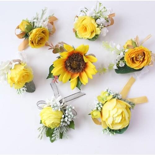 YO CHO Corsage Bride Artificial Silk Rose Wrist flower Bracelet Groomsmen Sunflower Wedding Boutonniere Prom Party Meeting Decor
