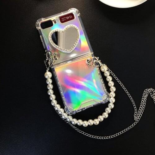 Diamond Love Mirror Stand Holder Pearl Metal Chain Laser Card Shockproof Crossbody Case Cover For Samsung Galaxy Z Flip 5G 3