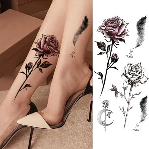 Womens Fashion Flower Temporary Tattoos Sticker Fake Rose Feather TatooS Decal Waterproof Body Art Legs Arm Tatoos For Women