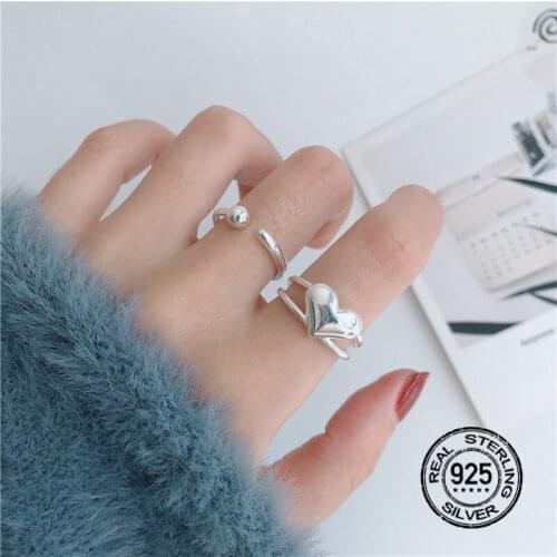 S925 Silver Rings For Women Opening Adjustable Heart-Shaped Love Ball Personality Geometric Design Female Fashion Jewelry INEFFA