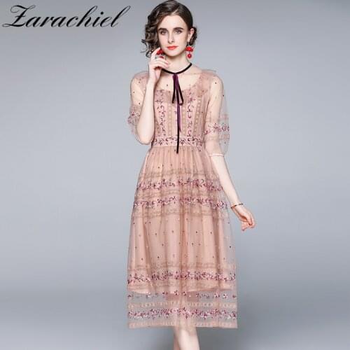 Elegant Runway Autumn Midi Dress Womens Puff Sleeve Bow Tie Collar Lace Mesh Flower Embroidery Evening Party Tulles Vestidos