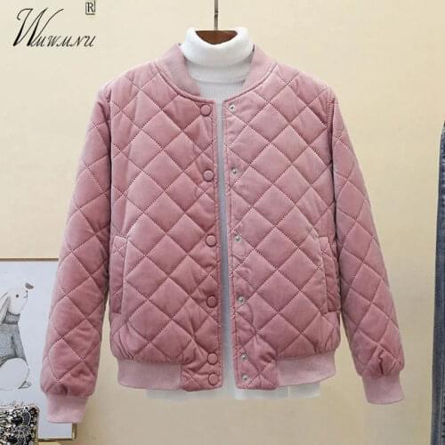 Velour Short Women Parkas Winter Jacket Autumn Winter Single-Breasted Pink Outwears Baseball Collar Cotton Padded Lady Tops