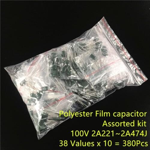 100V Mylar Film Capacitor assorted Kit 2A221~2A474J 220pF~470nF 38value x 10pcs Polyester Film capacitor