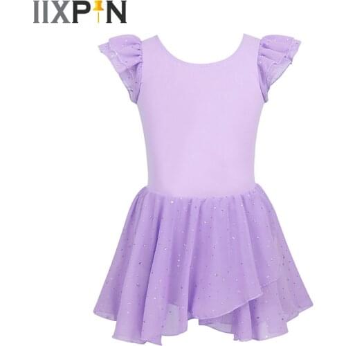 Girls Ruffle Sleeve Ballet Dress Gymnastics Leotard Dance Chiffon Glitter Tutu Skirted Leotards Ballet Leotard Dress Dance wear