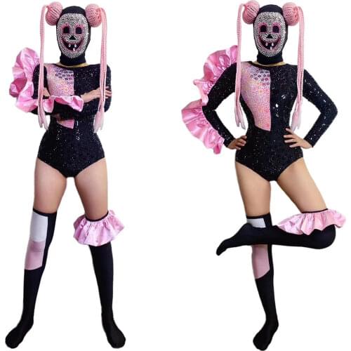 Shining Rhinestone Beaded Women Asymmetrical Bodysuits Tight Stretch Jumpsuits Halloween Ladies Costumes Role Playing Costume