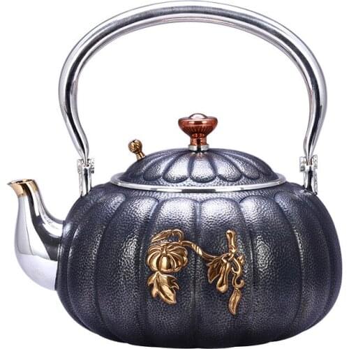 Teapot, kettle, hot water teapot, iron teapot, stainless steel kettle, tea bowl, 1100ml capacity, handmade S999 sterling silver