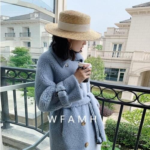 Composite sheep shearing fur coat jacket belt long coat women winter granular velvet wool fur thickened town treasure