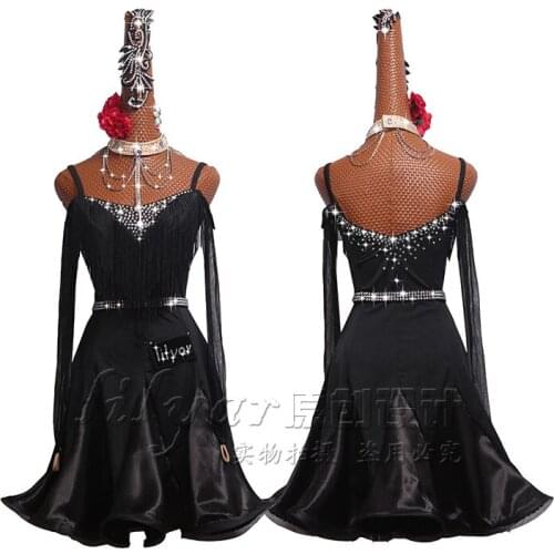 Custom Latin Dance Match costume performance suit Latin dance skirt female black one-word collar long sleeve pleated skirt