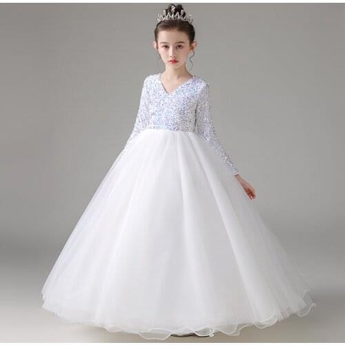 Flower Girl Dress Illusion V-Neck Sequined Princess Floor-Length Tulle Lace Full Luxury White Elegant Cute Kids Party Gown H232
