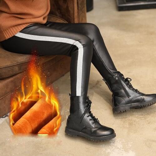 New Childrens Pants Autumn Winter Girls Leggings PU Leather Plus Velvet Popular Imitation Leather Pants Kids Stripe Trousers