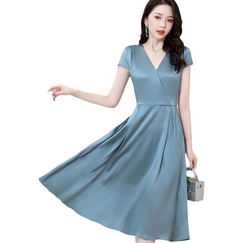 Summer Womens Dress 2021 100% Mulberry Silk Solid Color Short Sleeve V Neck Nice Dresses Elegant Office Ladies