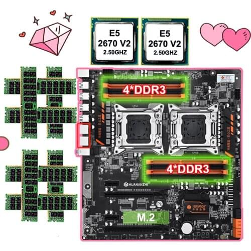 Motherboard with M.2 slot HUANANZHI dual X79 motherboard with 8 DDR3 DIMMs dual CPU Xeon E5 2670 V2 RAM 128G(8*16G) 1866 RECC