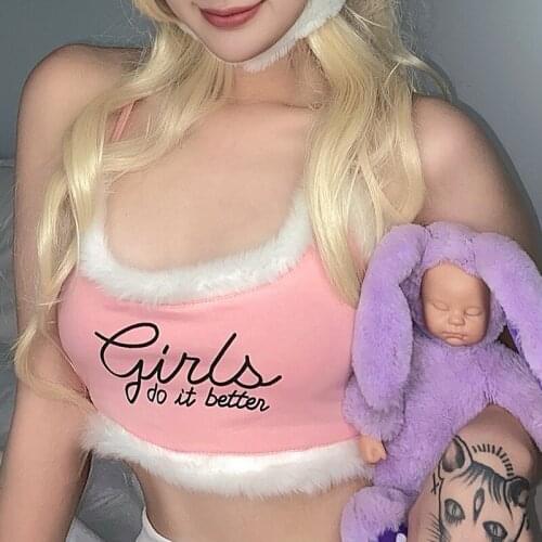 Cute Unif Pink Fur Vest New Slim Back Cross-printed Sling Top Y2k Crop Top All Neon Store Clothes Sexy Women Corset Top 2021 New
