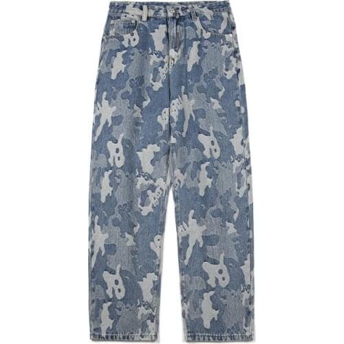 Fashion Hi Street Mens Printed Jeans Jogger Pants Loose Fit Oversized Hip Hop Denim Trousers Streetwear Bottoms